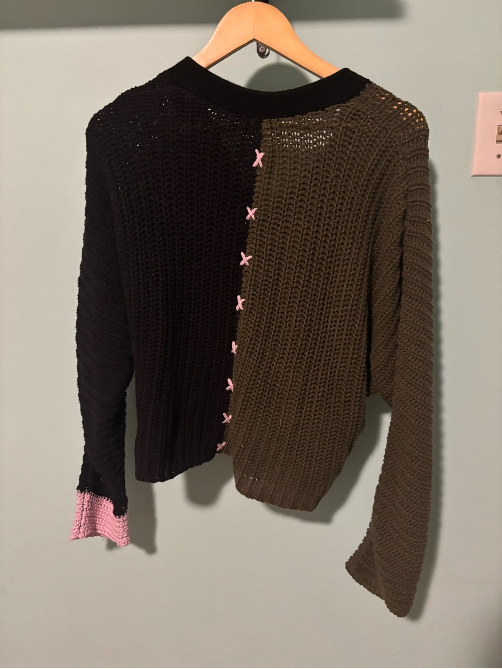 Lisa Todd Olive Green, Black & Pink Colorblock Button Cardigan - Picture 2 of 6